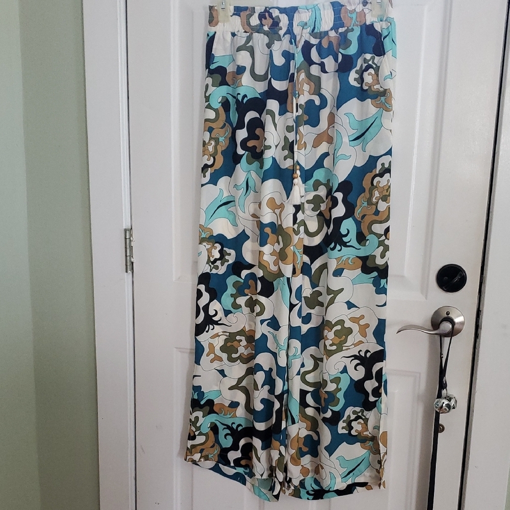 Flowy Wide-Leg Printed Palazzo Pants - Teal, Navy & Tan